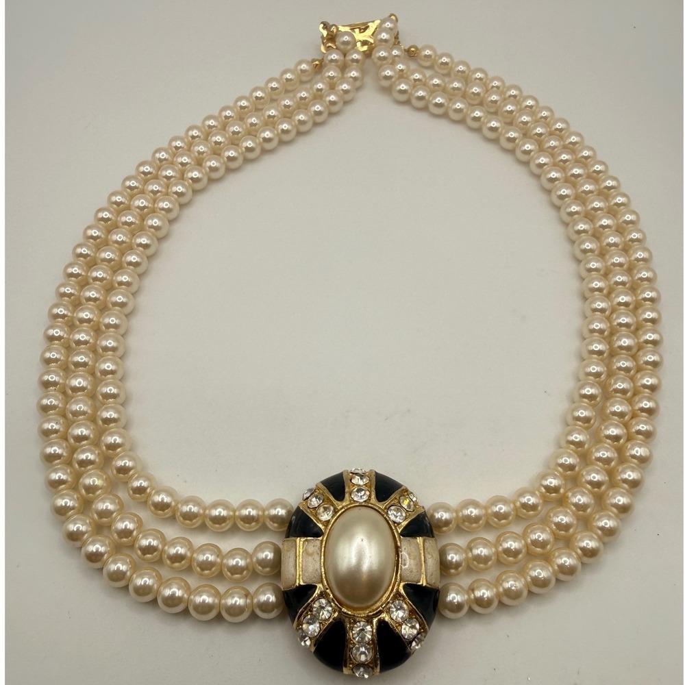 Vintage Triple Strand Faux Pearl Necklace Black Enamel Rhinestone Center 16"